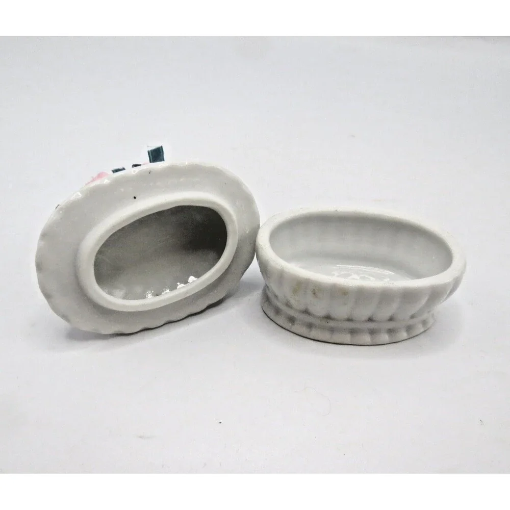 Unbranded Mini Porcelain Trinket Dish Grey Ribbed w/ Raised Rose